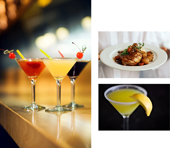 Three different pictures of drinks and food.